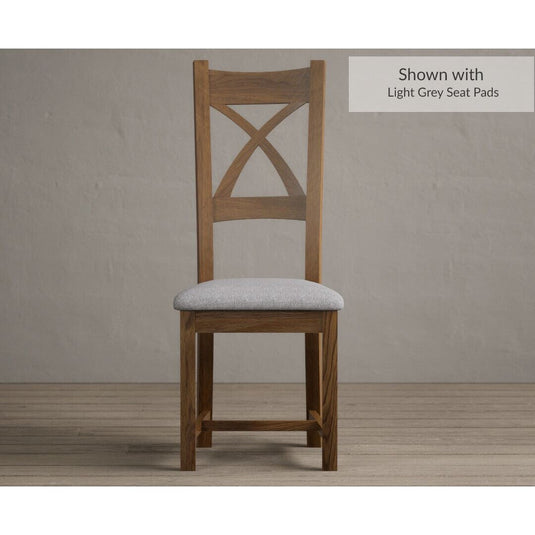 Rustic Solid Oak X Back Dining Chairs with Light Grey Fabric Seat Pad Dining Chairs Rustic Solid Oak