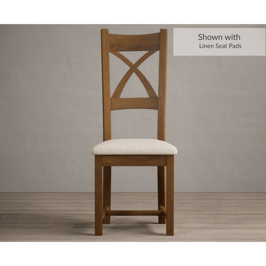 Rustic Solid Oak X Back Dining Chairs with Linen Seat Pad Dining Chairs Rustic Solid Oak Rustic Oak Linen