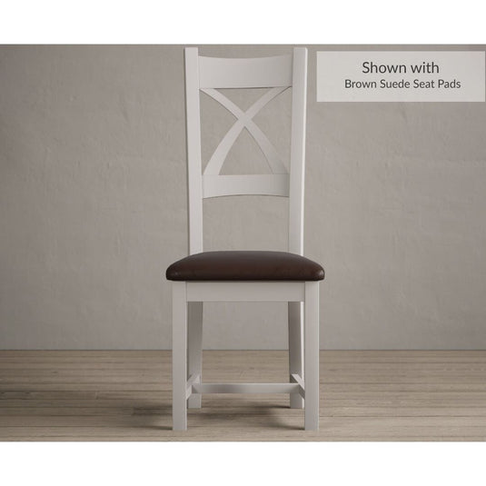 Painted Soft White X Back Dining Chairs with Chocolate Brown Leather Seat Pad Dining Chairs Painted Soft White Brown Suede