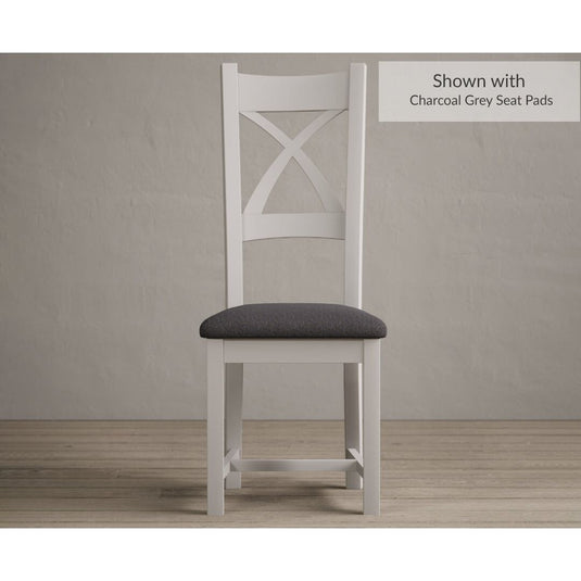 Painted Soft White X Back Dining Chairs with Charcoal Grey Fabric Seat Pad Dining Chairs Painted Soft White Charcoal Grey