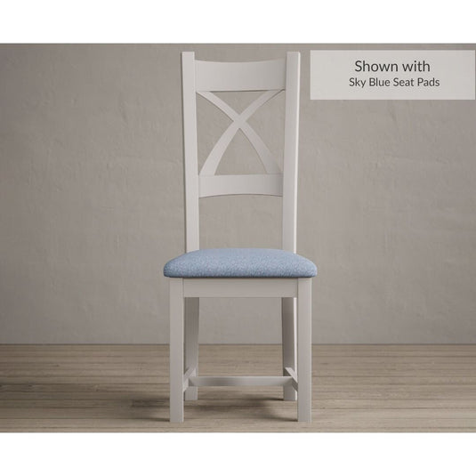Painted Soft White X Back Dining Chairs with Sky Blue Fabric Seat Pad Dining Chairs Painted Soft White Blue