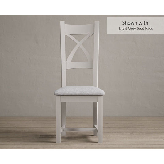 Painted Soft White X Back Dining Chairs with Light Grey Fabric Seat Pad Dining Chairs Painted