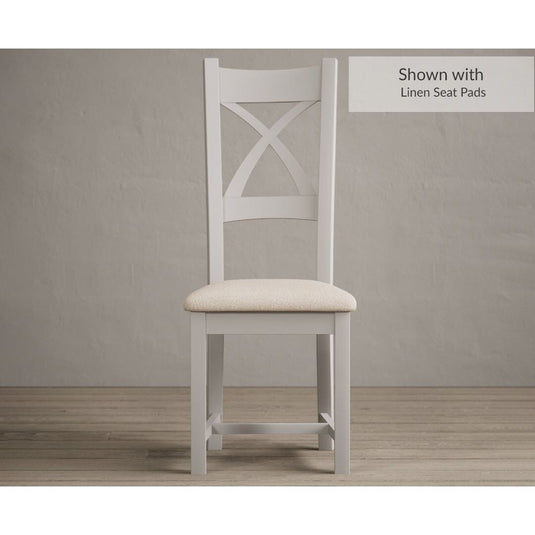 Painted Soft White X Back Dining Chairs with Linen Seat Pad Dining Chairs Painted Soft White Linen
