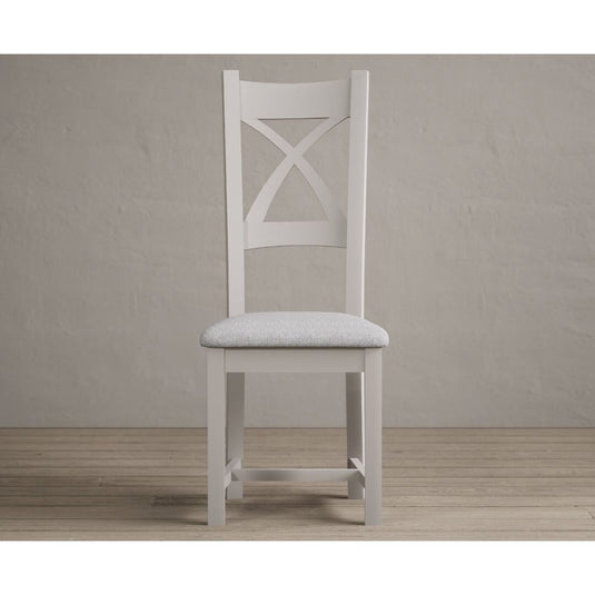 Painted Soft White X Back Dining Chairs with Light Grey Fabric Seat Pad Dining Chairs Painted