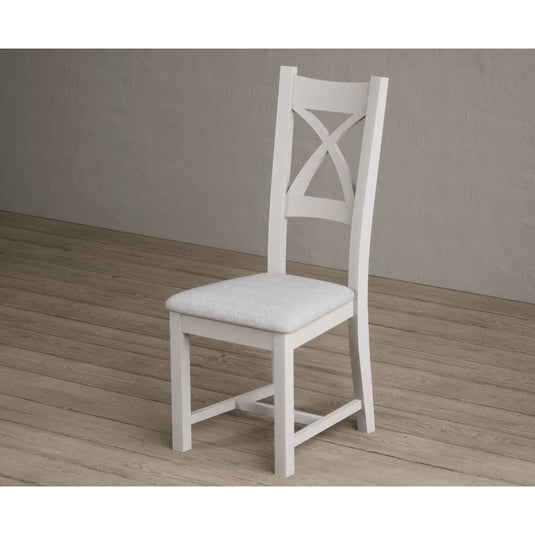 Painted Soft White X Back Dining Chairs with Light Grey Fabric Seat Pad Dining Chairs Painted