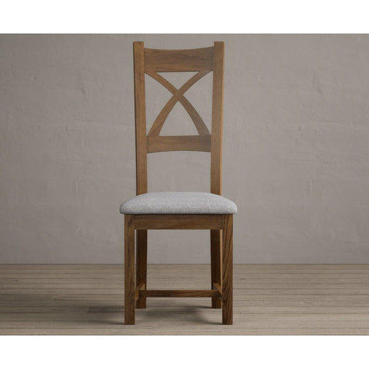 Rustic Solid Oak X Back Dining Chairs with Light Grey Fabric Seat Pad Dining Chairs Rustic Solid Oak