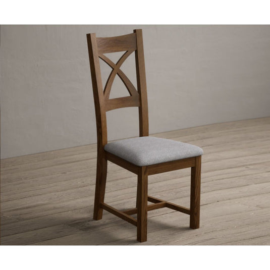 Rustic Solid Oak X Back Dining Chairs with Light Grey Fabric Seat Pad Dining Chairs Rustic Solid Oak