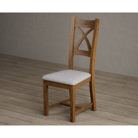 Rustic Solid Oak X Back Dining Chairs with Light Grey Fabric Seat Pad Dining Chairs Rustic Solid Oak