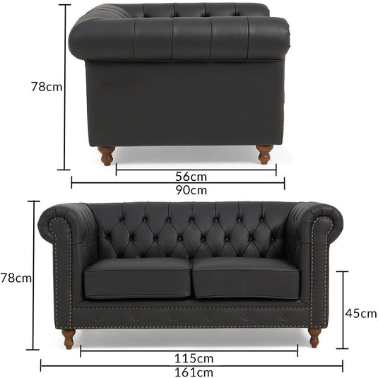 Milano Chesterfield Black Leather 2 Seater Sofa Sofa Milano