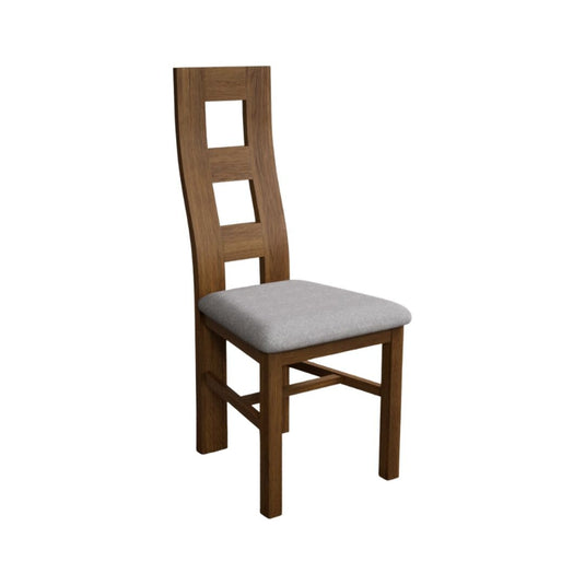 Rustic Solid Oak Flow Back Dining Chairs with Light Grey Fabric Seat Pad Dining Chairs Rustic Solid Oak