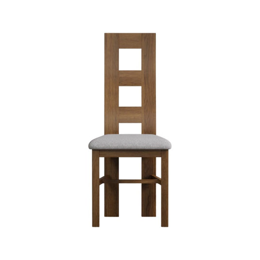 Rustic Solid Oak Flow Back Dining Chairs with Light Grey Fabric Seat Pad Dining Chairs Rustic Solid Oak