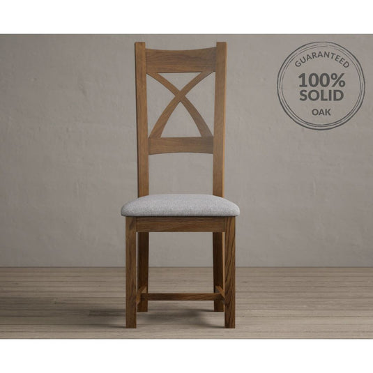 Rustic Solid Oak X Back Dining Chairs with Light Grey Fabric Seat Pad Dining Chairs Rustic Solid Oak
