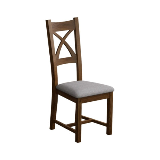 Rustic Solid Oak X Back Dining Chairs with Light Grey Fabric Seat Pad Dining Chairs Rustic Solid Oak