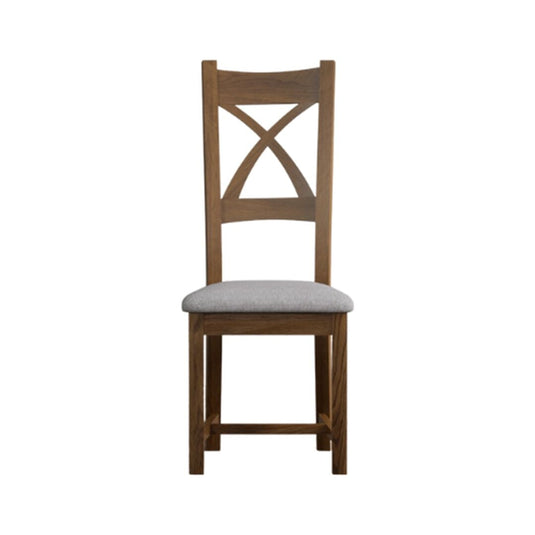 Rustic Solid Oak X Back Dining Chairs with Light Grey Fabric Seat Pad Dining Chairs Rustic Solid Oak