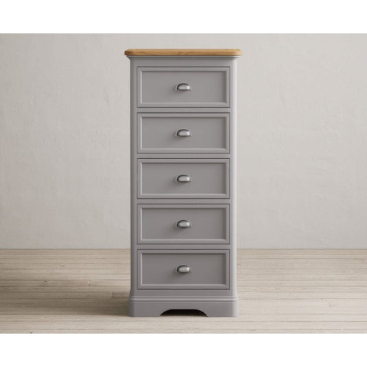 Bridstow Oak and Light Grey Painted 5 Drawer Tallboy Storage Bridstow