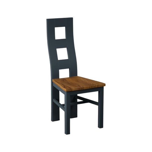 Painted Dark Blue Flow Back Dining Chairs with Rustic Oak Seat Pad Dining Chairs Painted