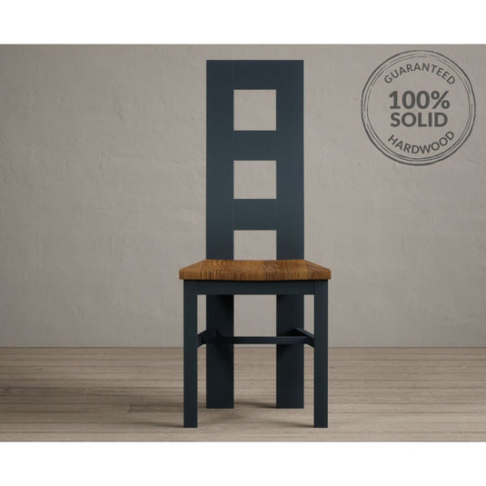 Painted Dark Blue Flow Back Dining Chairs with Rustic Oak Seat Pad Dining Chairs Painted