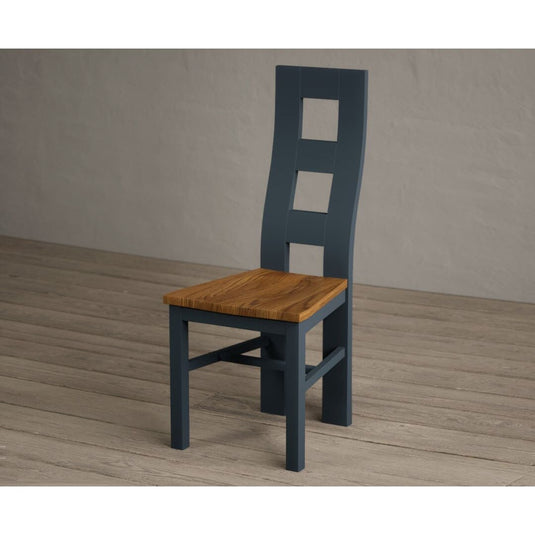 Painted Dark Blue Flow Back Dining Chairs with Rustic Oak Seat Pad Dining Chairs Painted