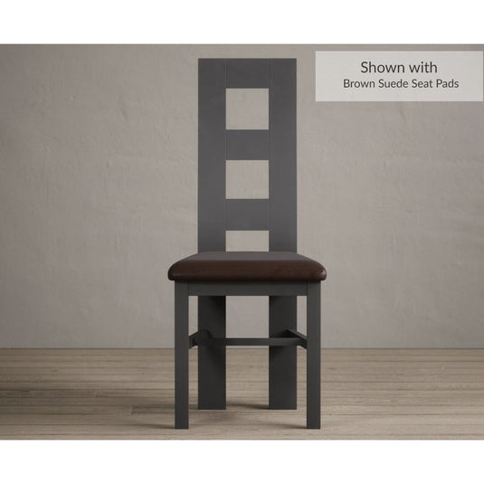 Painted Charcoal Grey Flow Back Dining Chairs with Chocolate Brown Leather Seat Pad Dining Chairs Painted