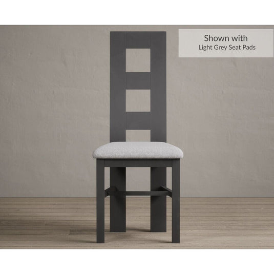 Painted Charcoal Grey Flow Back Dining Chairs with Light Grey Fabric Seat Pad Dining Chairs Painted