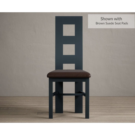 Painted Dark Blue Flow Back Dining Chairs with Chocolate Brown Leather Seat Pad Dining Chairs Painted