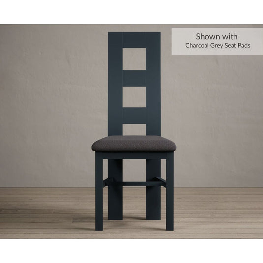 Painted Dark Blue Flow Back Dining Chairs with Charcoal Grey Fabric Seat Pad Dining Chairs Painted