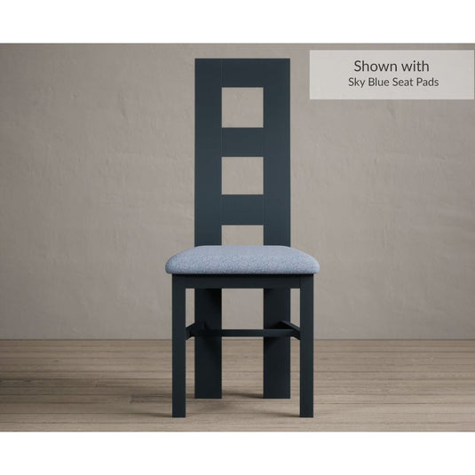 Painted Dark Blue Flow Back Dining Chairs with Sky Blue Fabric Seat Pad Dining Chairs Painted Dark Blue Blue