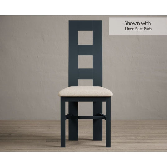 Painted Dark Blue Flow Back Dining Chairs with Linen Seat Pad Dining Chairs Painted Dark Blue Linen