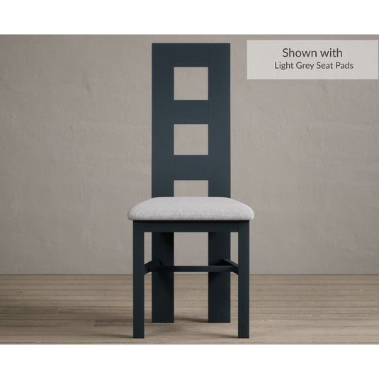 Painted Dark Blue Flow Back Dining Chairs with Light Grey Fabric Seat Pad Dining Chairs Painted Dark Blue Light Grey