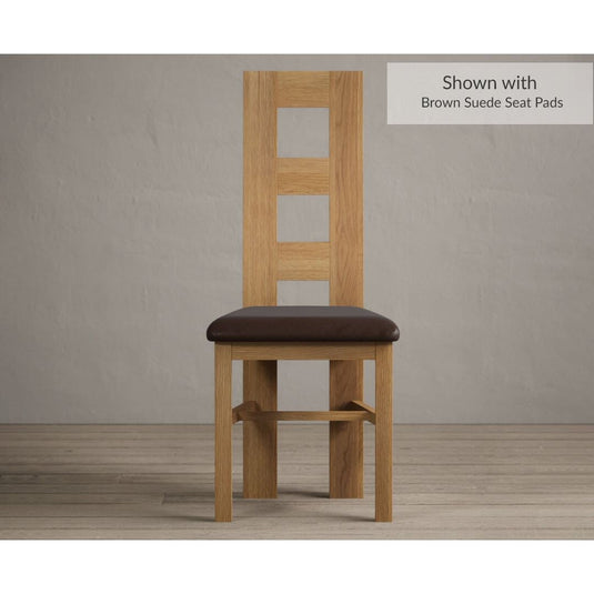 Natural Solid Oak Flow Back Dining Chairs with Chocolate Brown Leather Seat Pad Dining Chairs Natural