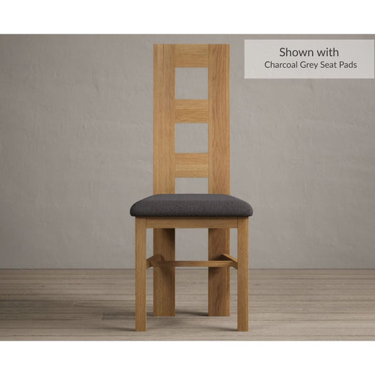 Natural Solid Oak Flow Back Dining Chairs with Charcoal Grey Fabric Seat Pad Dining Chairs Natural