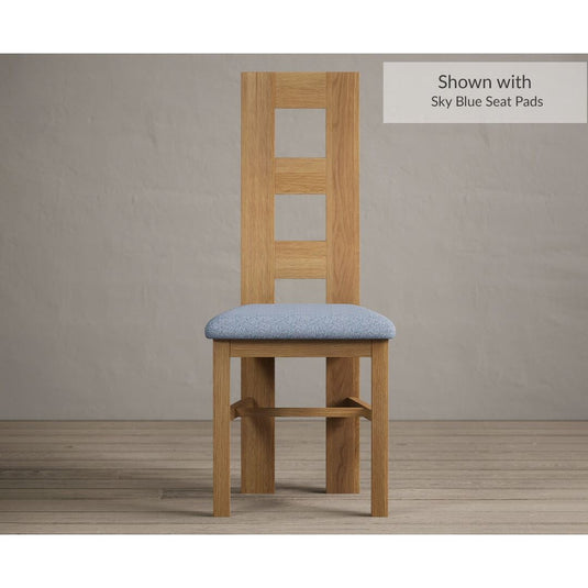 Natural Solid Oak Flow Back Dining Chairs with Sky Blue Fabric Seat Pad Dining Chairs Natural