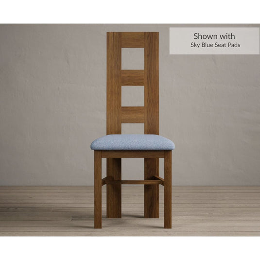 Rustic Solid Oak Flow Back Dining Chairs with Sky Blue Fabric Seat Pad Dining Chairs Rustic Solid Oak Rustic Oak Blue