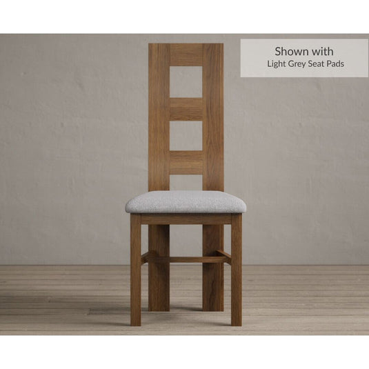 Rustic Solid Oak Flow Back Dining Chairs with Light Grey Fabric Seat Pad Dining Chairs Rustic Solid Oak