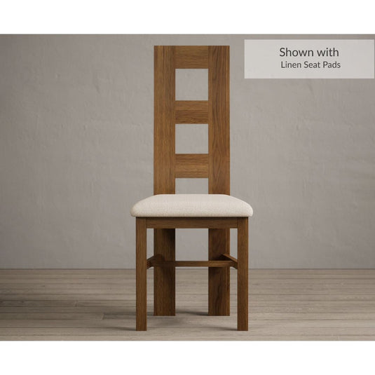 Rustic Solid Oak Flow Back Dining Chairs with Linen Fabric Seat Pad Dining Chairs Rustic Solid Oak Rustic Oak Linen