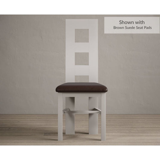 Painted Soft White Flow Back Dining Chairs with Chocolate Brown Leather Seat Pad Dining Chairs Painted Soft White Brown Suede