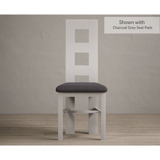 Painted Soft White Flow Back Dining Chairs with Charcoal Grey Fabric Seat Pad Dining Chairs Painted Soft White Charcoal Grey