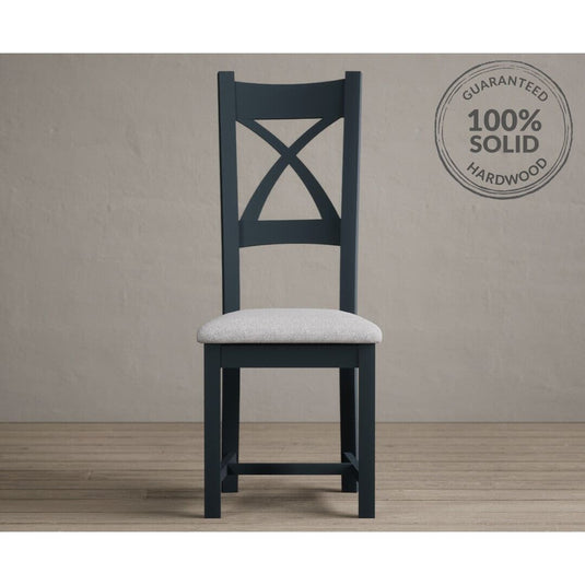 Painted Dark Blue X Back Dining Chairs with Light Grey Fabric Seat Pad Dining Chairs Painted