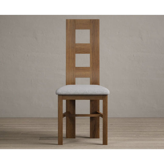 Rustic Solid Oak Flow Back Dining Chairs with Light Grey Fabric Seat Pad Dining Chairs Rustic Solid Oak