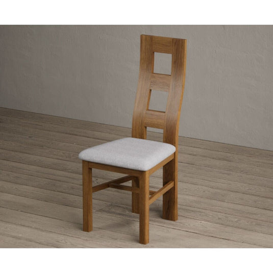 Rustic Solid Oak Flow Back Dining Chairs with Light Grey Fabric Seat Pad Dining Chairs Rustic Solid Oak