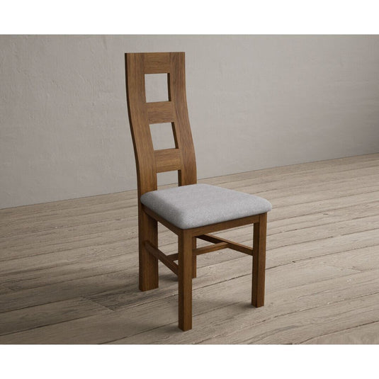 Rustic Solid Oak Flow Back Dining Chairs with Light Grey Fabric Seat Pad Dining Chairs Rustic Solid Oak