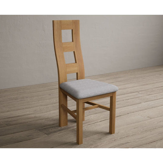 Natural Solid Oak Flow Back Dining Chairs with Light Grey Fabric Seat Pad Dining Chairs Natural