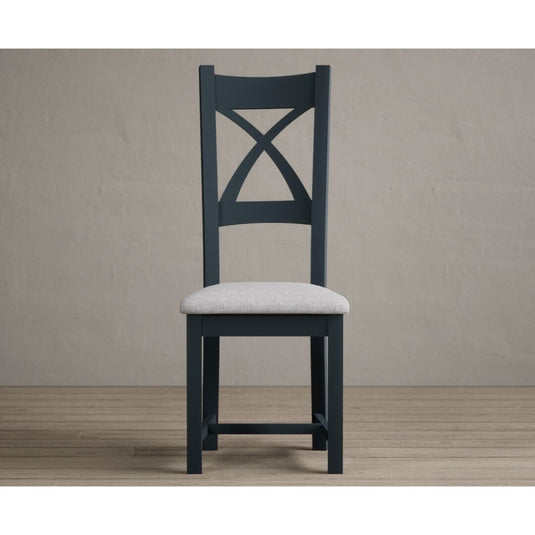 Painted Dark Blue X Back Dining Chairs with Light Grey Fabric Seat Pad Dining Chairs Painted