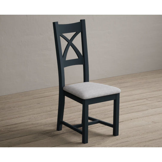 Painted Dark Blue X Back Dining Chairs with Light Grey Fabric Seat Pad Dining Chairs Painted