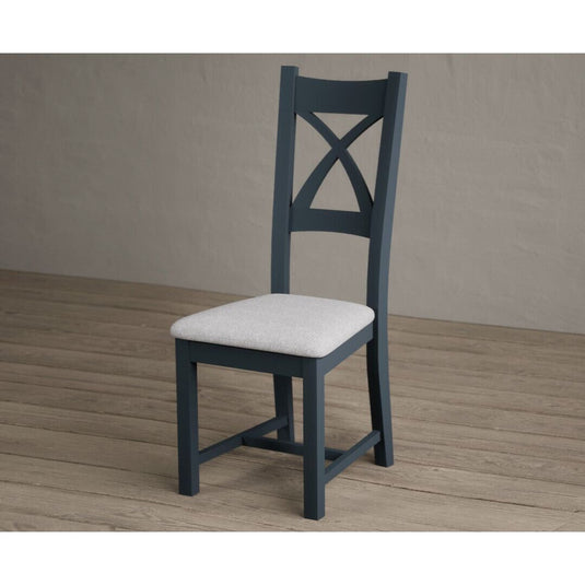 Painted Dark Blue X Back Dining Chairs with Light Grey Fabric Seat Pad Dining Chairs Painted