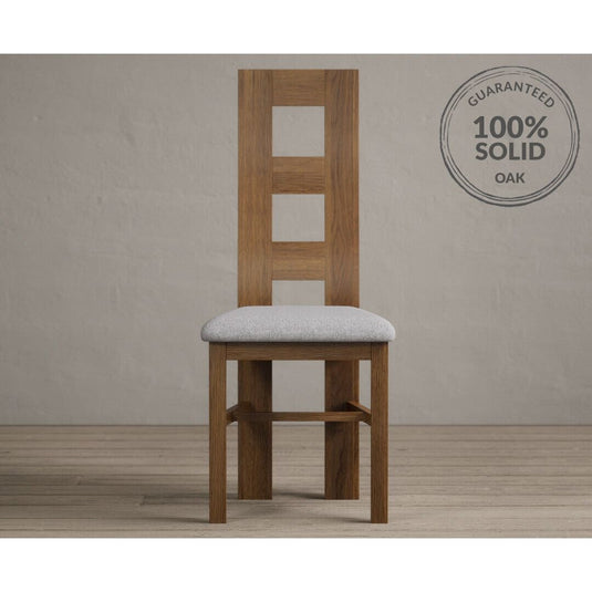 Rustic Solid Oak Flow Back Dining Chairs with Light Grey Fabric Seat Pad Dining Chairs Rustic Solid Oak