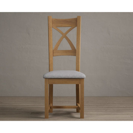 Natural Solid Oak X Back Dining Chairs with Light Grey Fabric Seat Pad Dining Chairs Natural