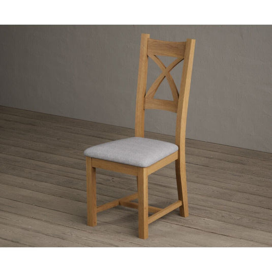 Natural Solid Oak X Back Dining Chairs with Light Grey Fabric Seat Pad Dining Chairs Natural