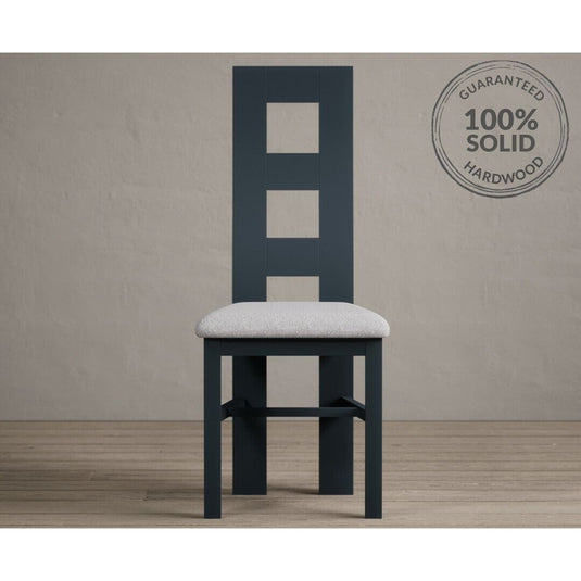 Painted Dark Blue Flow Back Dining Chairs with Light Grey Fabric Seat Pad Dining Chairs Painted