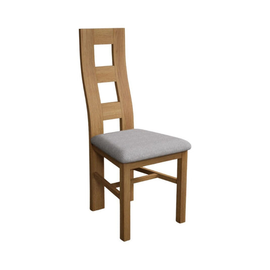 Natural Solid Oak Flow Back Dining Chairs with Light Grey Fabric Seat Pad Dining Chairs Natural